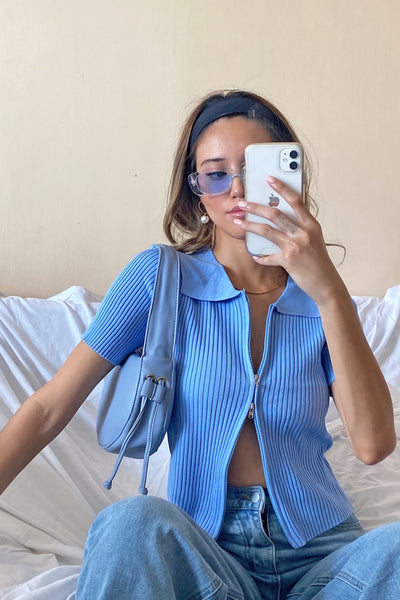 Not Your Lover Double Zip Ribbed Top - Powder Blue