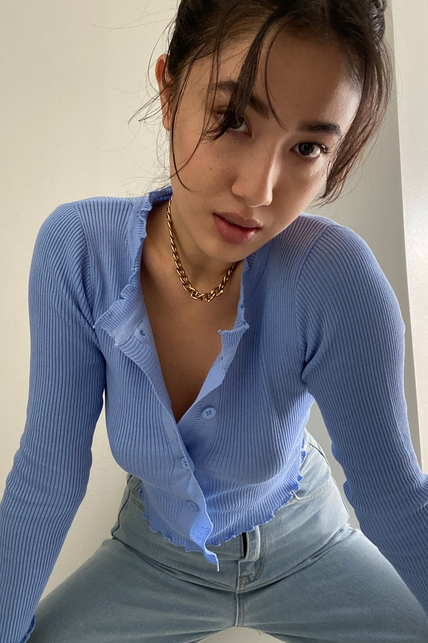 Keep Me Close Ruffled Hem Cardigan - Powder Blue