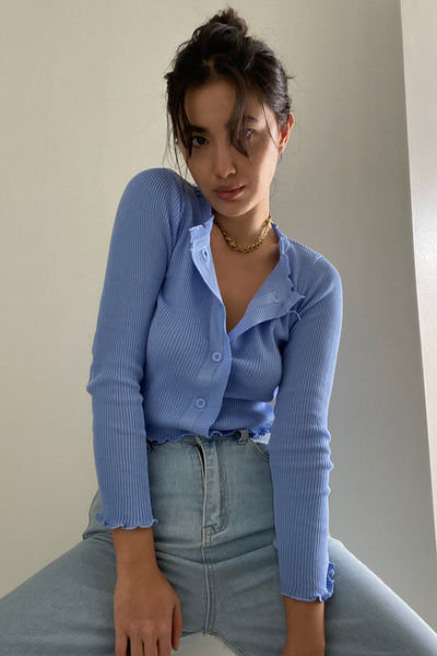 Keep Me Close Ruffled Hem Cardigan - Powder Blue