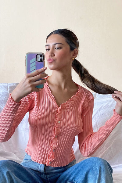 Sooner Or Later Ribbed Ruffle Hem Cardigan - Coral