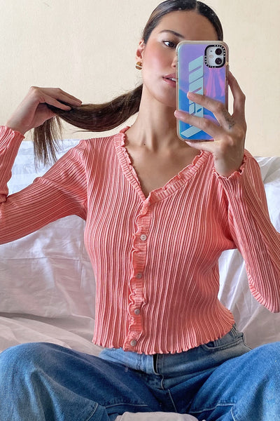 Sooner Or Later Ribbed Ruffle Hem Cardigan - Coral