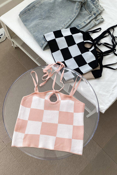 Touch Move Checkerboard Halter Tank Top - Rose