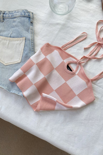 Touch Move Checkerboard Halter Tank Top - Rose